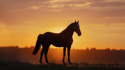 Horse standing in field at sunset with golden sky. Silhouette of majestic animal in serene evening landscape