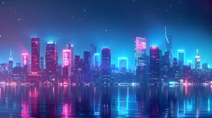 Obraz premium Futuristic Skyline with Illuminated Holographic Advertisements Lights Up the Night City