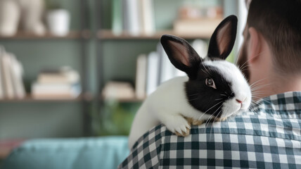 Black and white rabbit on person's shoulder in cozy home setting. Adorable pet enjoying affectionate moment with owner