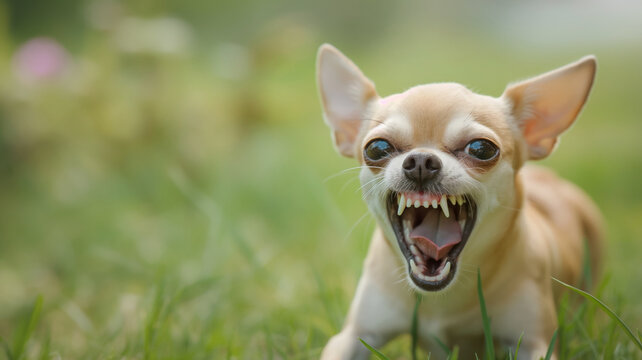 Chihuahua baring teeth and growling on grassy field. Small dog displaying aggressive behavior outdoors in nature - Powered by Adobe