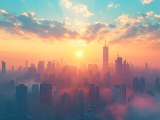Naklejka premium Majestic Cityscape at Sunset with Towering Skyscrapers Reaching Towards the Sky