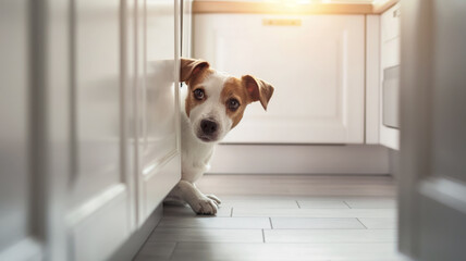 Jack Russell Terrier peeking out from behind kitchen cabinet. Curious dog exploring home in a bright kitchen setting