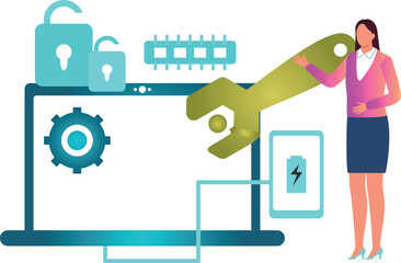 The girl is telling the settings of the laptop.