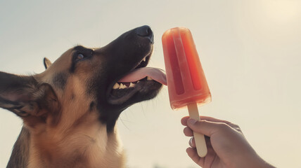 German Shepherd licking red popsicle held by person under clear sky. Happy dog enjoying refreshing treat on warm sunny day showcasing playful and joyful interaction between pet and owner