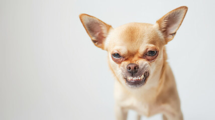 Chihuahua baring teeth with aggressive expression. Small dog showing defensive behavior against plain background