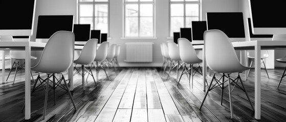 Empty classroom with chairs computers on wooden floor, education technology school