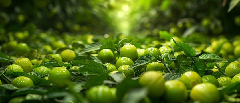 Lot green lemons on tree with beautiful green background, citrus freshness nutrition