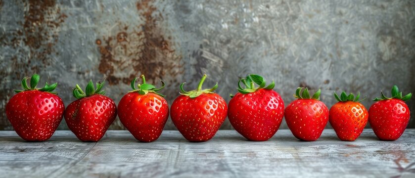 Line red ripe strawberries on whitewashed wooden table with rusty metal background red fruit,