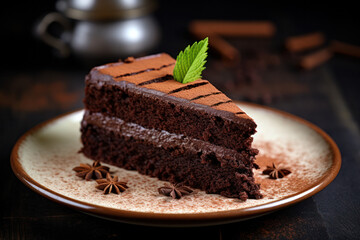 A close-up of a slice of chocolate cake with a mint garnish on a brown plate
