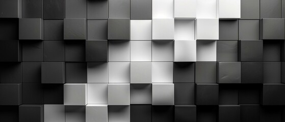 Black white cubes form bumpy surface, embossed grey checkered grid