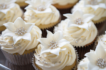 A close-up image of white cupcakes decorated with sugar flowers and pearl sprinkles