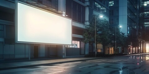 Fototapeta premium Blank White Billboard on Office Building Wall at Night. Concept of Advertising Space, Urban Environment, and Nighttime Cityscape. High-Resolution AI Generated Wallpaper