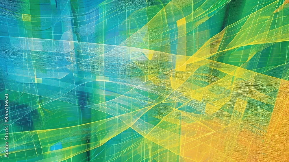 Poster vibrant abstract artwork featuring geometric shapes and lines in blue and yellow, creating a dynamic