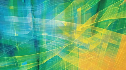 Vibrant abstract artwork featuring geometric shapes and lines in blue and yellow, creating a dynamic and energetic visual effect.