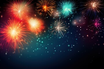 Big explosions of blue, yellow, red and pink fireworks on a black background.