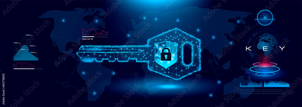 Poster futuristic electronic digital key with hologram and closed code. cybersecurity and protection. moder