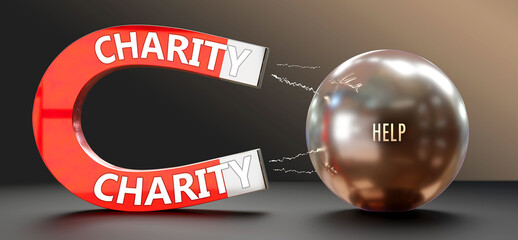 Charity attracts Help. A metaphor showing charity as a big magnet attracting help. Analogy to demonstrate the importance and strength of charity. ,3d illustration