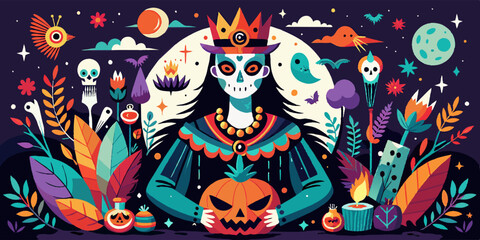 Join a colorful Halloween celebration featuring the artistic Skeleton Queen in a vibrant atmosphere