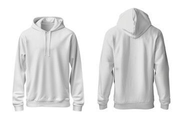 A blank white male hoodie sweatshirt displayed from the front and back views. The hoodie features long sleeves, a front pouch pocket, and drawstrings
