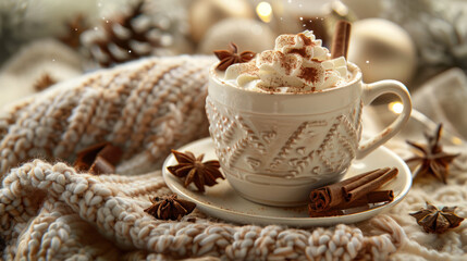 A close-up image of a cup of hot chocolate with whipped cream and a cinnamon stick on top, resting on a cozy knit blanket