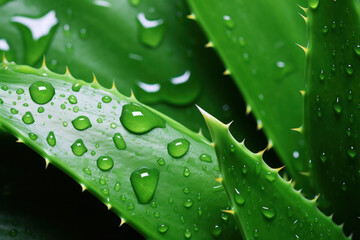 A close-up image of a green aloe vera leaf with dew drops resting on its surface, highlighting the plants spiky texture