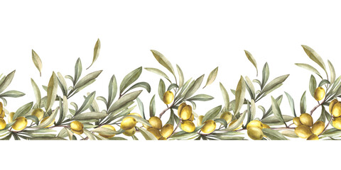 Olive tree branch with green leaves and berries, stone fruits. Watercolor seamless border, pattern Hand painted illustration. Food floral clipart for oil label, summer print on isolated background.