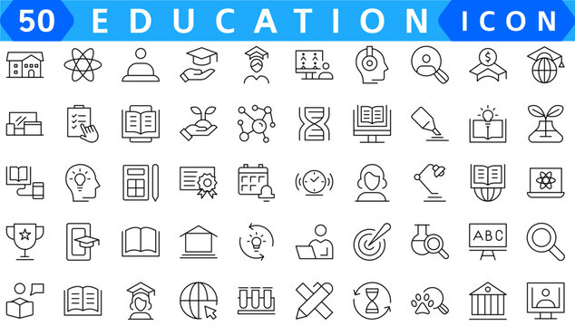 Back to school icon set with 50 different vector icons related with education, success, academic subjects and more. Editable stroke for your own needs