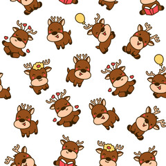 Cute kawaii deer character. Seamless pattern. Cartoon funny wild animal. Funny moose. Hand drawn style. Vector drawing. Design ornaments.