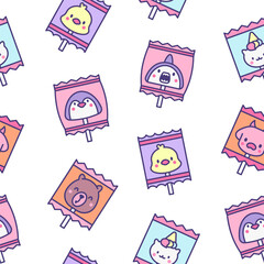 Cute lollypop with animal face. Seamless pattern. Cartoon sweet candies. Hand drawn style. Vector drawing. Design ornaments.