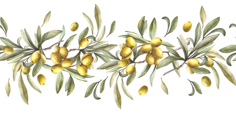 Olive tree branch with green leaves and berries. Watercolor seamless border, pattern. Hand painted illustration. Botanical horizontal clipart for oil label, floral summer print on isolated background.