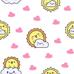 Cute kawaii sun with face. Seamless pattern. Cartoon smiling characters. Hand drawn style. Vector drawing. Design ornaments.