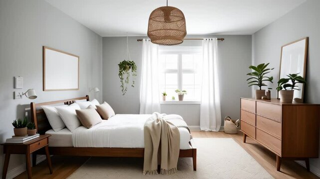 cozy modern bedroom featuring a large bed with white and beige linens, wooden furniture and hanging green plants against light gray wall. Above the bed there's a blank frame mockup copy space