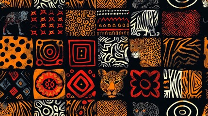Create a seamless pattern with African tribal motifs and animal prints