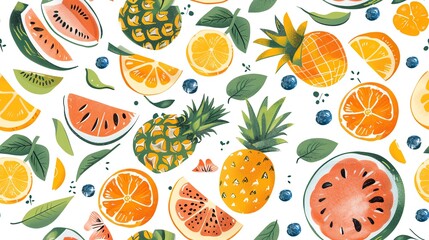 Design a seamless pattern featuring summer fruits like watermelons, pineapples, and oranges