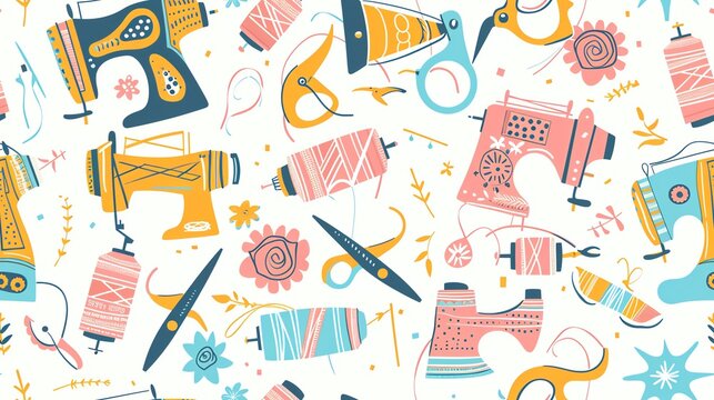 Design a seamless pattern featuring sewing and quilting motifs like fabrics, scissors, and sewing machines