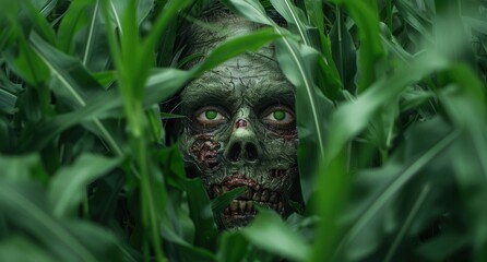 Creepy zombie face peeking through tall grass