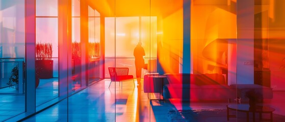 Modern minimalist home interior design, close up, focus on, vibrant colors, double exposure silhouette with modern architecture
