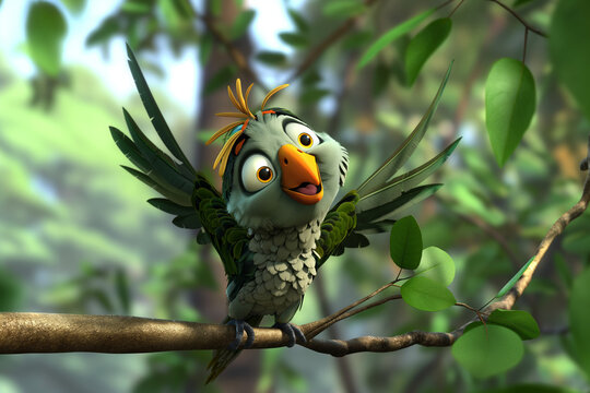 Adorable small green cartoon parrot character. Illustration for kids book