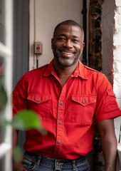 Fototapeta premium Professional 'meet the team' style portrait of a happy and relaxed British tradesman, black African heritage, welcoming expression in a light industrial setting. Portrait format 5:7