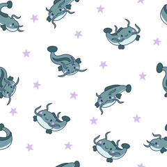 Cute kawaii catfish in different poses. Seamless pattern. Funny cartoon aquatic animal character. Hand drawn style. Vector drawing. Design ornaments.