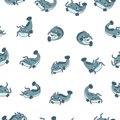 Fototapeta premium Cute kawaii catfish in different poses. Seamless pattern. Funny cartoon aquatic animal character. Hand drawn style. Vector drawing. Design ornaments.