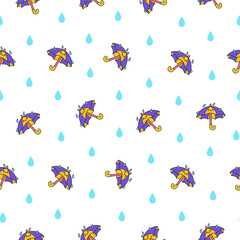 Cute kawaii umbrella. Seamless pattern. Cartoon rainy seasonal parasols character. Hand drawn style. Vector drawing. Design ornaments.