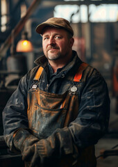 Obraz premium Photo portrait of heavy industry worker, in a foundry setting. 