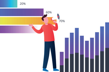 The boy is making announcement for business statistics.