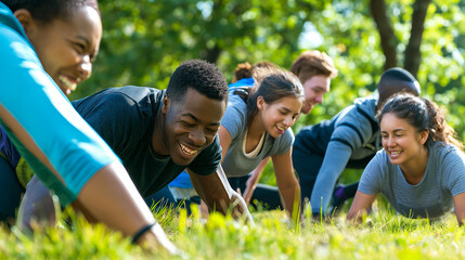 A mixed group of adults participating in an outdoor boot camp led by a trainer encouraging them as they do push-ups.