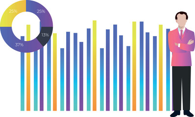 The boy is standing next to the bar graph.
