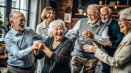 Smiley happy seniors dancing and having fun celebrating party in nursing home, elderly people enjoying a lively social activity gathering 