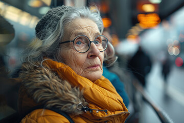 Fototapeta premium Elderly Woman in Winter Coat Waiting at Bus Stop