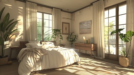 Fototapeta premium A cozy and inviting bedroom with freshly painted walls, new furniture, and stylish decor. Natural light streams through large windows, creating a bright and airy atmosphere. Generative AI