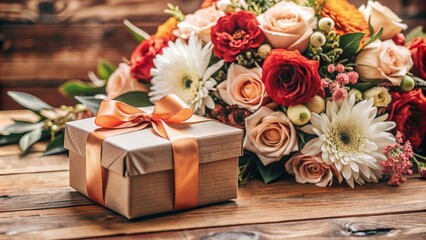 Obraz premium colorful flowers and gift box. Gift giving of anniversary day and birthday